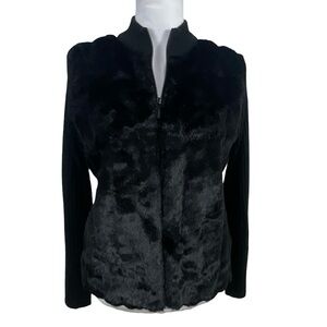 Kathie Lee Black Faux Fur Zipper Sweater Jacket Size M